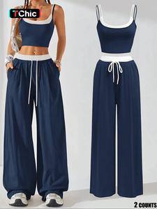 Two-Piece Set Women's Colorblock 2 in 1 Cami Top & Wide Leg Pants Set, Casual Sleeveless Top & Pocket Trousers, Ladies Summer Clothes