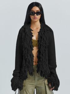 Women's Solid Fringe Trim Long Sleeve Cardigan, Casual Open Front Knit Outerwear for Fall & Winter, Women's Knitwear for Daily Wear