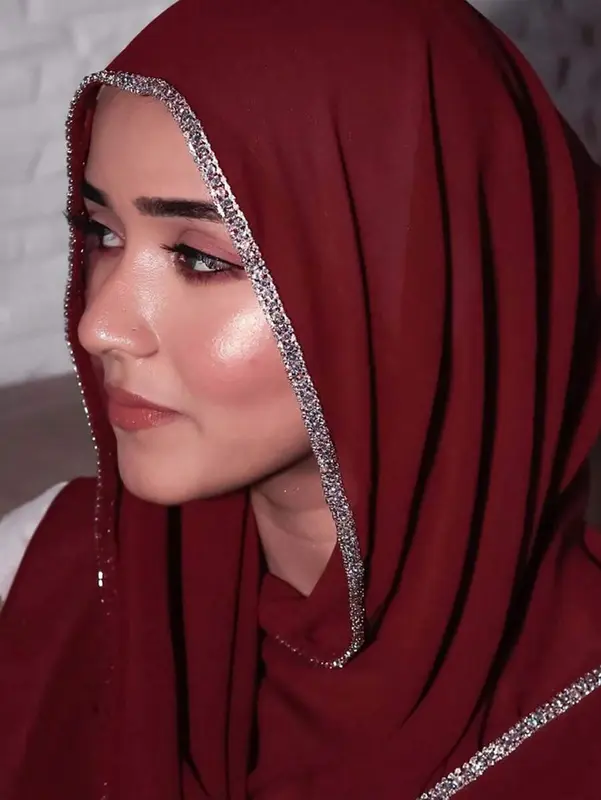 1pc Women's Heavy Beaded Border Solid Color Chiffon Scarf, Elegant Rhinestone Studded Shawl Malay Rhinestone Long Scarf Chiffon Hijab  African Headscarf Head Wrap, Suitable For Travel Vacation Party Outfits Accessories Women[S12] 0