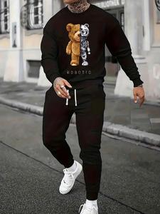 Two-Piece Set Men's Cartoon Bear Print Drawstring Co-ord Set, Long Sleeve Pullover Tops & Elastic Waist Jogger Pants, Men Outfits for Spring & Fall