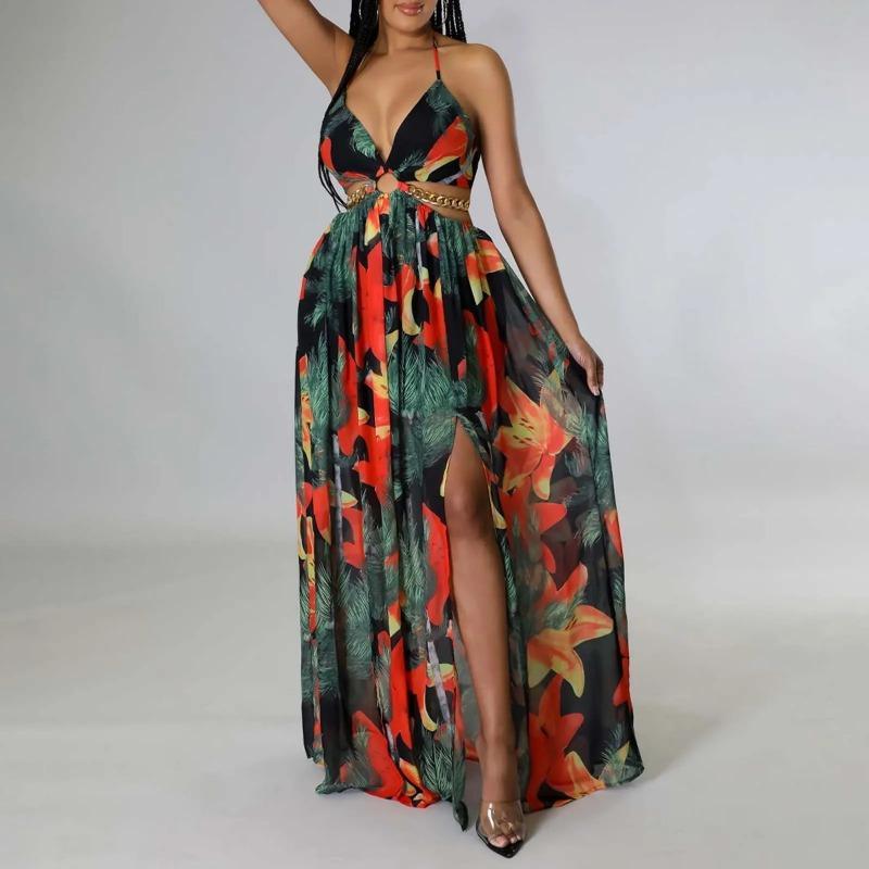 Floral Print Maxi Dress For Women Stylish French Halterneck Summer Dress Mid Length Camisole Dress Elegant High Split Dress 3