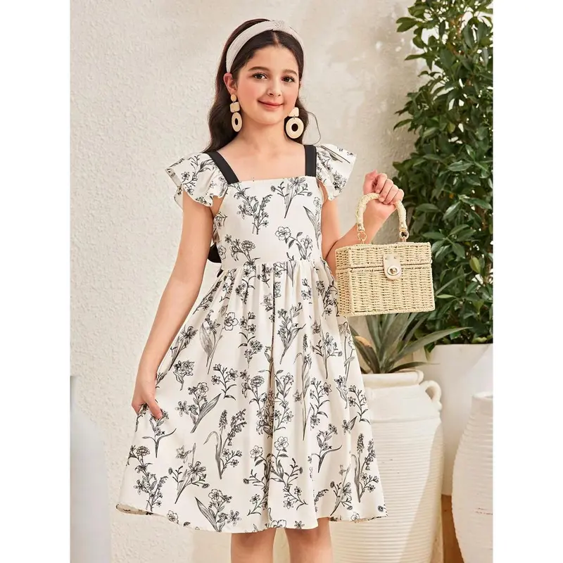 Tween Girl Casual Vacation Elegant Vintage Floral Pattern Print & Silhouette Color Block Big Bow Hollow Open Back Ruffled Flare Midi Dress 2