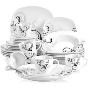 VEWEET 'Zoey' 18/24/30-Piece Dinner Set Ivory White Black Decals Combination Sets Porcelain Tableware Set with Bowls Dessert Plates Soup Plates Dinner Plates Service for 6