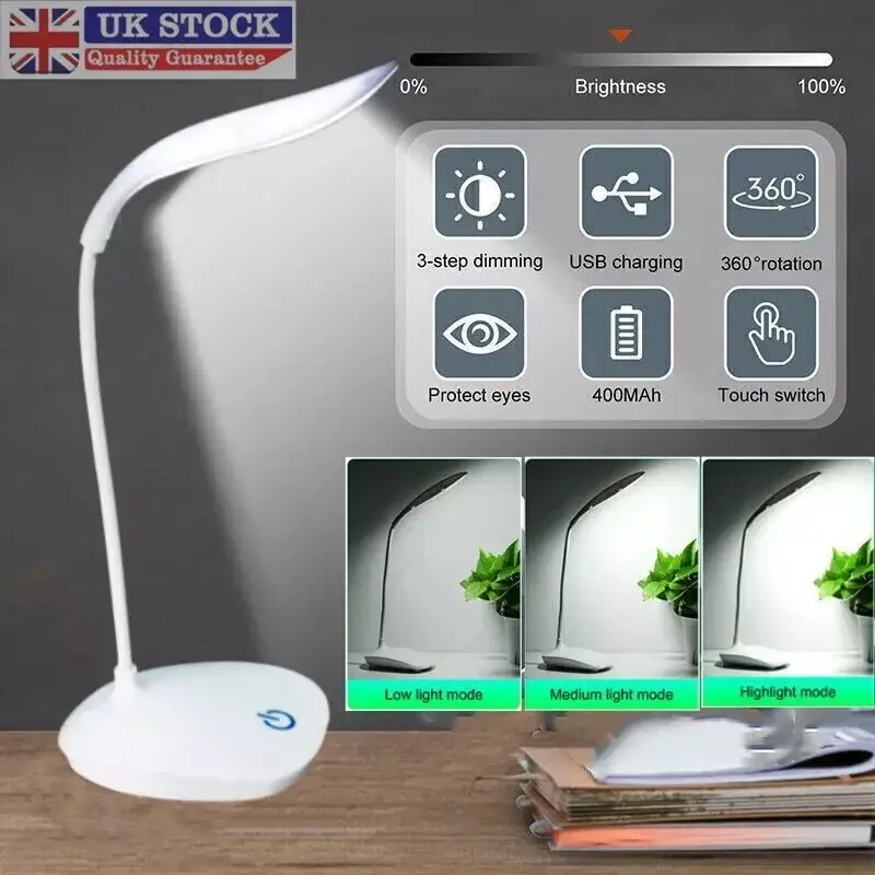 LED Flexible Touch Desk Light Bedside Reading Lamp Dimmable USB Rechargeable