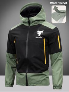 Men's Colorblock Letter & Animal Print Zip Up Hooded Jacket, Regular Fit Casual Windproof Waterproof Long Sleeve Outerwear, Men's Spring & Fall Clothes