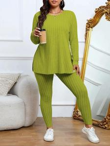 【plus Size】 Two-piece Set Solid Split Hem Long Sleeve Tracksuit Ribbed Top & Skinny Pants, Casual Round Neck Top & Trousers for Daily Wear, Women's Two-piece Outfits for Fall,  Winter Co Ord Set