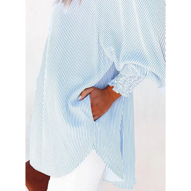 Womens Smocked Cuffed Striped Boyfriend Shirt Casual Collar Long Sleeve Oversized Button Down Blouse Tops with Pocket Shirred 4