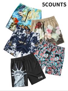 Men's Floral & Statue of Liberty Print Boxer Brief, Casual Comfy Breathable Short-leg Boxer Briefs, Men's Underwear for Summer Beach Vacation