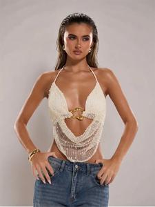 Women's Solid Color Crop Cami Top, Lady Fashionable Casual Slim Sleeveless Halter Neck Triangle Crochet Knit Top for Summer, Women's Clothing for Daily Wear, Womenswear, Summer Minimalist Boho Sleeveless Top, Elegant Sleeveless Cami