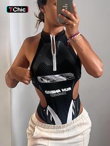 Women's Letter Print Zipper   Bodysuit, Casual Street Fashion Sleeveless Bodysuit for Summer, Women's Clothes for Daily Wear