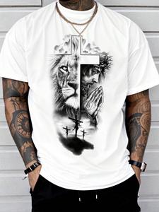 Men's Lion & Jesus Print Round Neck Tee, Regular Fit Casual Short Sleeve Crew Neck T-Shirt for Summer, Fashion Men's Top for Daily Wear, Tropical