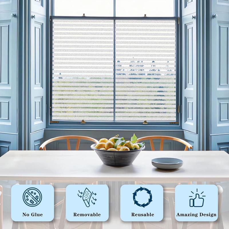 Product Introduction of Window Film Privacy Self Adhesive Frosted Window Sticker Reusable No Glue Film Stripe Vinyl Static Cling Door Glass Covering for Living Room Office 30×200cm 2