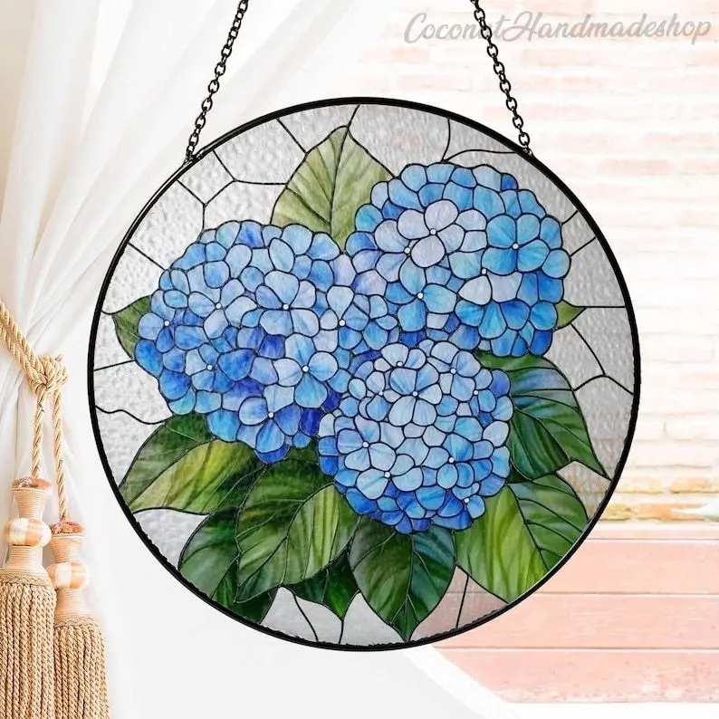 Hydrangea Flower Glass Suncatcher, Floral Hanging Window, Hydrangea Glass Ornament, Birth Month Flower Gift, Gift for Her, Mothers Gift 3