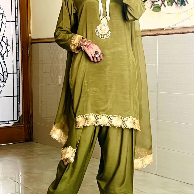 KHAKI CREPE FARSHI SHALWAR SUIT WITH EMBROIDERY CHIFFON DUPATTA 2