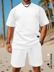 Men's Solid Color Letter Patched Jacquard Knitted Short Sleeve Tee & Drawstring Waist Shorts Set, Regular Fit Casual Comfy Round Neck T-shirt & Pocket Track Shorts, Fashion Summer Clothes Set for Men