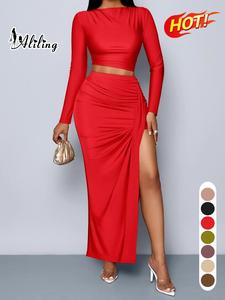 Aliling Two-Piece Set Women's Suit Solid Boat Nack Long Sleeve Crop Top Match Ruched Split High Waist Skirt Long Skirts, Elegant Fashion for Female Outdoor Wear, Spring and Autumn Women Clothing, Going Out Sets