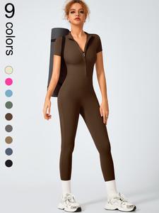 Summer 2024 Sporty Women's Solid Color Zip Up Placket Tummy Control Jumpsuit, Casual Comfy Short Sleeve Jumpsuit for Yoga Gym Workout Running, Ladies Sportswear