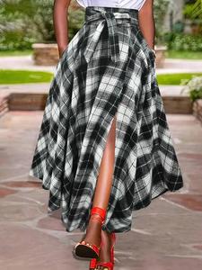 Women's Plaid Print Tie Front Split Thigh Shirt Skirt, Street Fashion Casual High Waist Long Skirt for Daily Outdoor Wear, Women's Bottoms for Spring & Fall