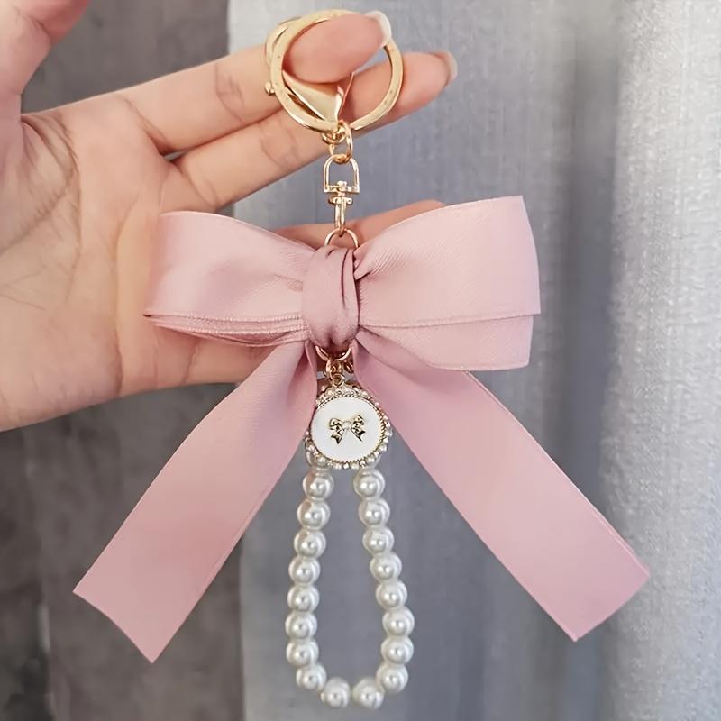 Elegant Large Bow & Pearl Keychain - Chic Pastel Ribbon Tassel Accessory with Golden-Tone Clasp for Bags & Earphone Cases, Ideal Mother's Day Gift 3