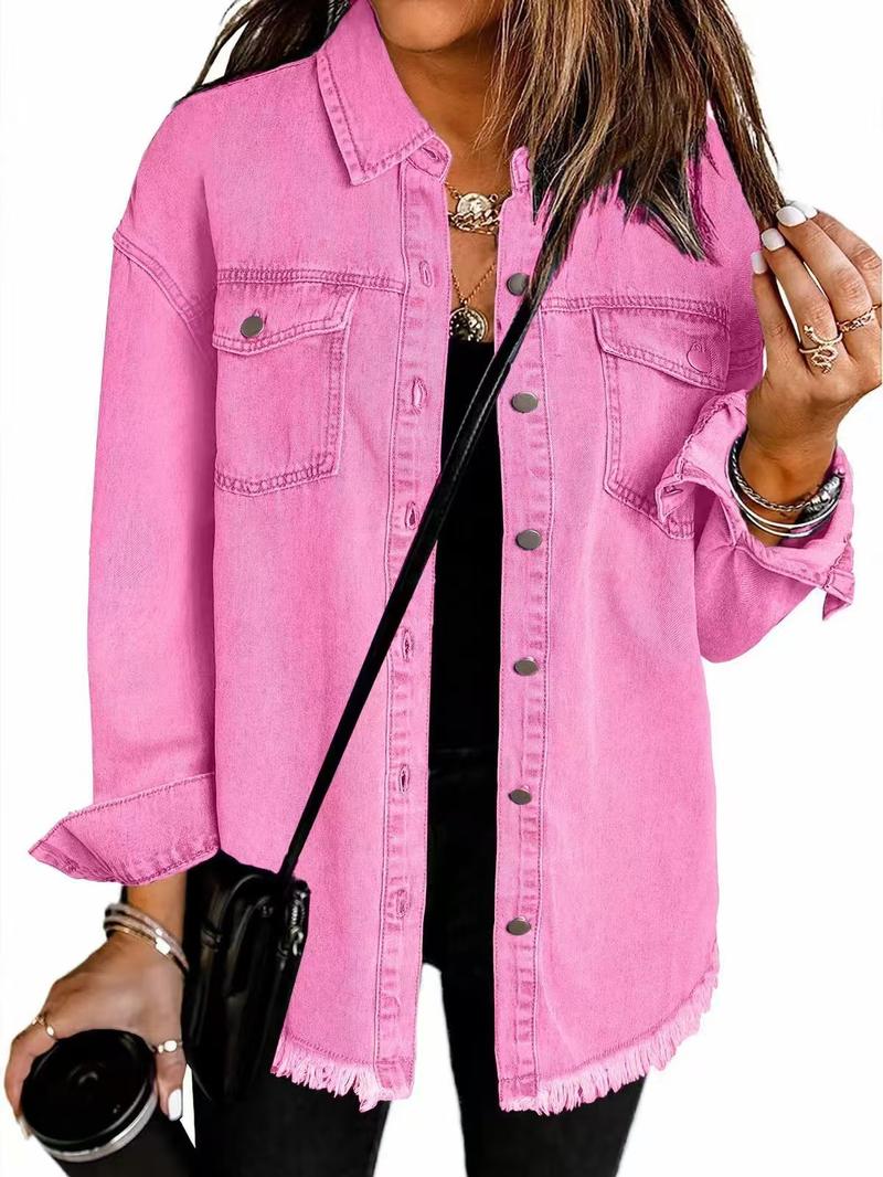 Product Introduction of Women's Denim Coat with Wiped Edge and Pockets - Pure Color Single-Breasted Cardigan Jacket for Loose Fit - Womenswear, Tops 16