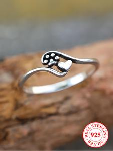 925 Sterling Silver Cute Cat Paw & Heart Design Ring, Fashion Jewelry for Party, Daily Clothing Decor, Trendy All-match & Exquisite Jewelry for Birthday Gift