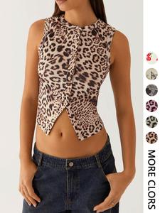 Women's Leopard Print Ribbed Tank Top, Casual Sleeveless Button Decor Top for Daily Wear, Ladies Clothes for All Seasons, Womenswear