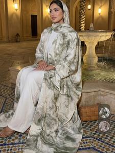 #CL62 Ink Printed Marble Abaya, Holiday Style Robe Cardigan With Hijab Set, Artistic Bat Sleeve Fashion Design, Party Holiday Outing Wear