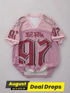 Men's Number & Letter Print V Neck Football Jersey, Regular Fit Casual Breathable Short Sleeve T-shirt for Summer, Men's Top for Daily Wear, Athletic Tops