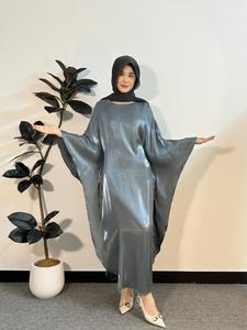 Arabic Clothing-Batwing Sleeve Shiny Kaftan Dress, Elegant Long Sleeve Split Hem Arabian Dress, Women's Islamic Clothing for All Seasons