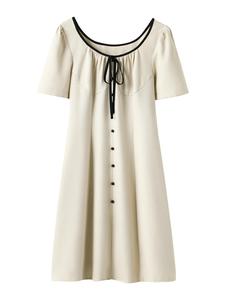 Cream White Slimming Hero Dress! Black Trim Tie-Neck + Flowy Button-Detail Hem｜60KG+ Women’s Office to Date Night Essential｜North America’s Top Pick!