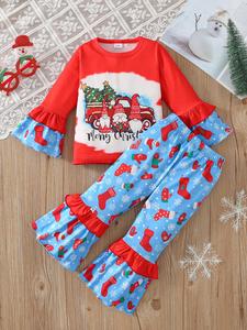 Two-piece Set Toddler Girl's Christmas All Over Cartoon Print Ruffle Trim Tee & Elastic Waist Flare Leg Pants Set, Cute Long Sleeve Round Neck Top & Bell Bottom Trousers, Toddler Girls Two-piece Outfits for Fall & Winter