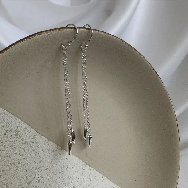 Sterling Silver Double Chain Nugget Drop Dangle Earrings 4