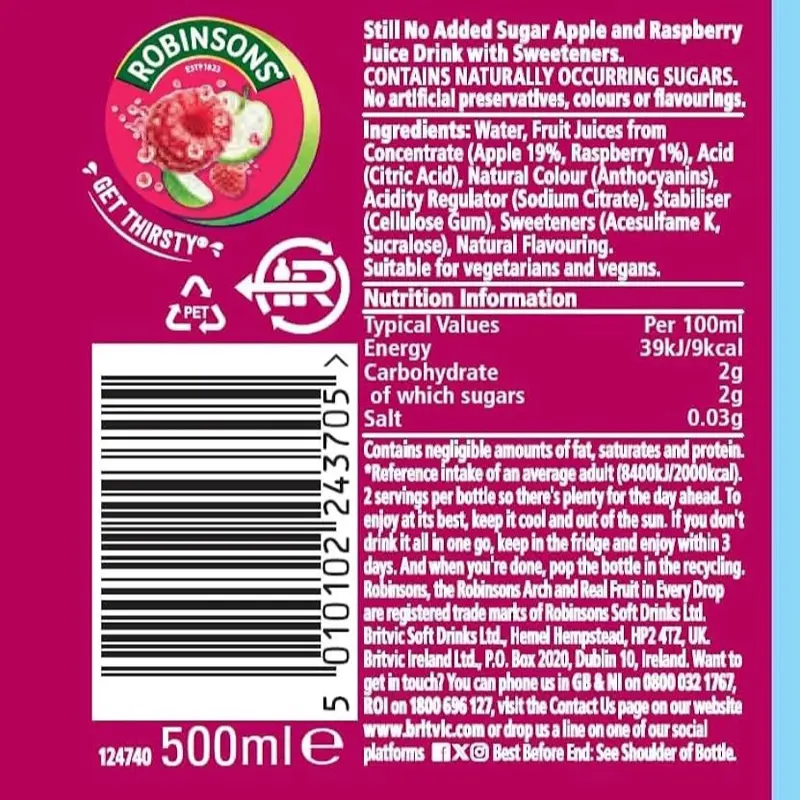 Robinsons Ready to Drink 12X500ML,Raspberry & Apple, Blackberry & Blueberry, Peach & Mango Bulk Buy Natural Fruity Beverage Tangy 6