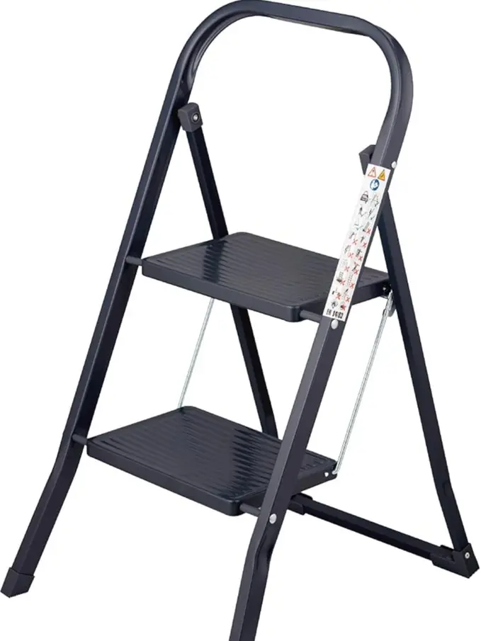Non-Slip 2-Tread Step Ladder, Lightweight and Sturdy Steel Frame, Portable Compact Design for DIY & Gardening, Indoor/Outdoor Use, 150kg Max Capacity