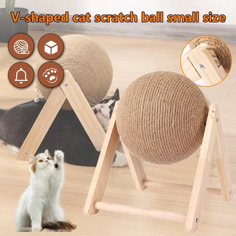 {BY} Natural Wood Cat Scratcher - Sisal-Covered Scratching Post & Play Ball 8