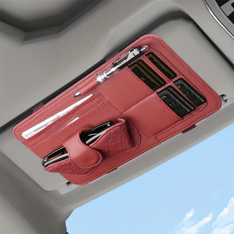 1pc PU Leather Universal Fit Car Sun Visor Multi-Pocket Caddy with Glasses Clip, Pen Holder, and Credit Card Slots 6