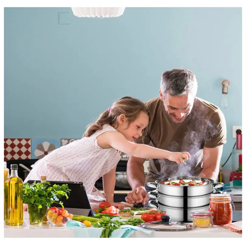 3 Tier Stainless Steel Steamer Set – Non-Stick Multi-Cooker Pot with Glass Lid – Three Piece Steamer Pan Set for Healthy Cooking – Dishwasher Safe 5
