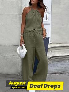 Two-piece Set Women's Solid Color Sleeveless Top & Wide Leg Pants, Casual Fashion Cozy Baggy Pants & Top Set for Daily Outdoor Wear, Ladies Clothes for Summer, Womenswear, Loose Fit Set