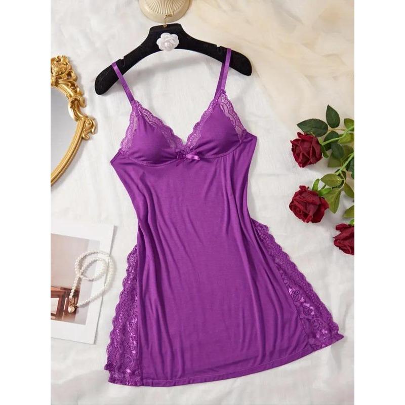 Women's Plain Sheer Contrast Lace Split Thigh Cami Nightdress, Elegant Soft Comfortable Bow Decor Spaghetti Strap Sleeveless Nightgown for Summer, Fashion Ladies' Sleepwear for Daily Wear Loungewear Womenswear Homewear Basic Minimalist 6
