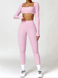 Two-piece Set Women's Solid Long Sleeve Crop Top & High Waist Leggings Tracksuit Set, Sporty Comfy Quick-dry Outfits for Yoga Gym Training Running, Ladies Sportswear for All Seasons, Workout Sets Women, Gym Yoga Clothing, Breathable Activewear