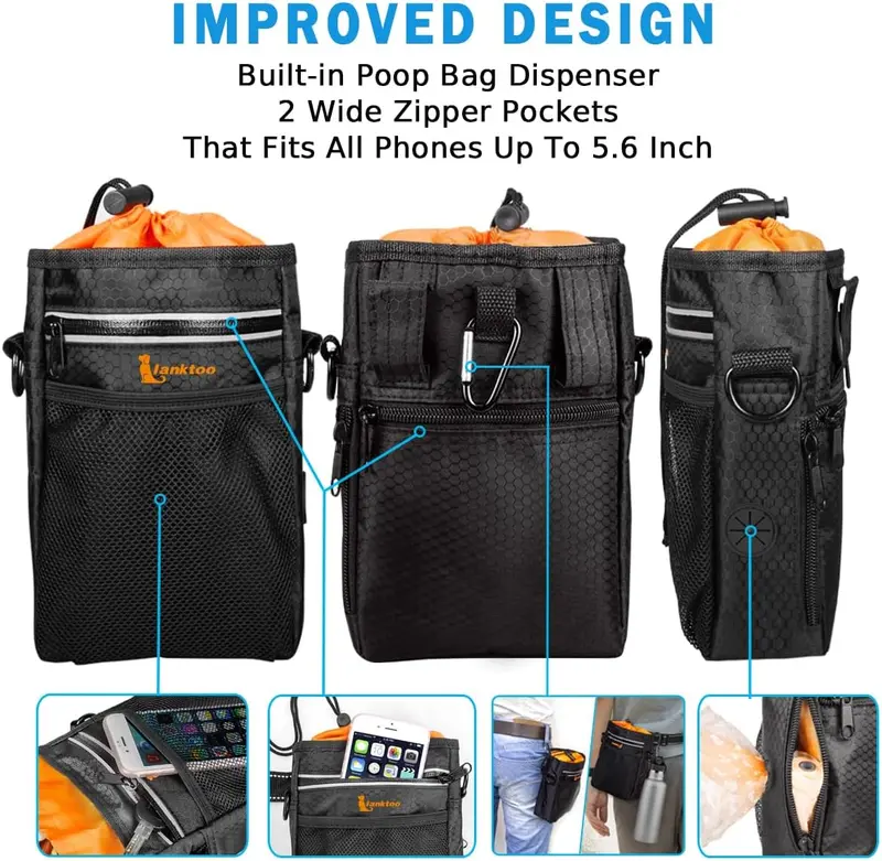 Dog Treat Pouch Bag with Poop Bag Holder, Waterproof Puppy Training Walking Bag W/Shoulder Strap, Waist Belt and Clip, Easily Carrying Dog Toys, Food 4