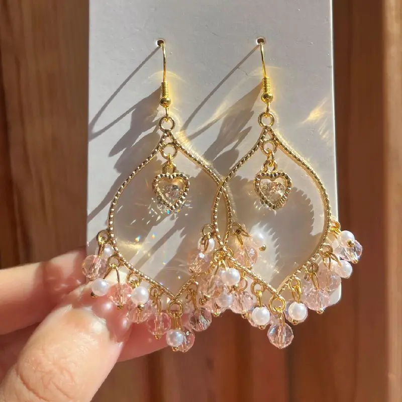 Handmade Pink Crystal White Pearl Heart Earrings - Light Weight Jhumkas for Women 5