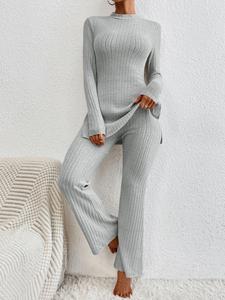 Women's Light & Thin Rib Knit Split Mock Neck Top & Flare Leg Bell Bottom Pants Matching Pjs Loungewear Set, Pyjamas Set for Daily Wear, for Spring & Fall
