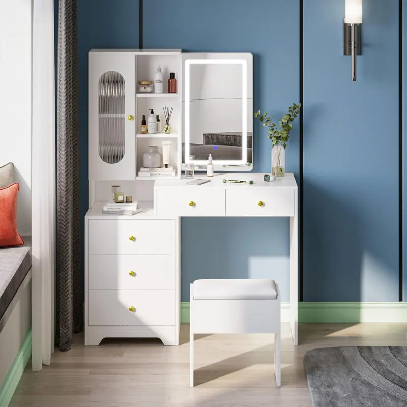 Joolihome Modern Dressing Table Set with Sliding Mirror, 5 Shelves & 5 Drawers, Adjustable 3 colors Light and Soft Stool for Bedroom 0