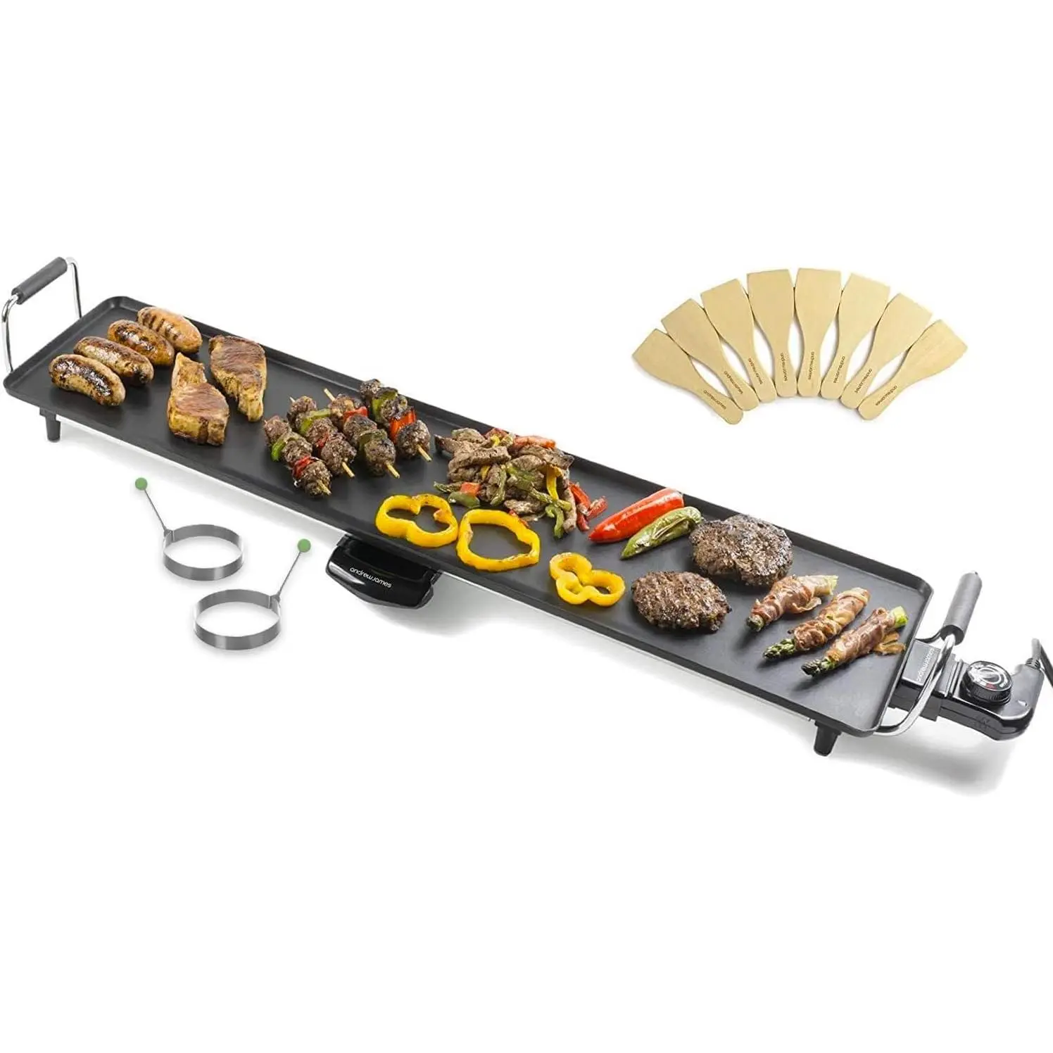 Teppanyaki Electric Grill Plate & 2 Egg Rings |   XXL Non-Stick Tabletop Griddle with 88cm x 23cm Hot Plate & Adjustable Temperature |   Includes 8 Wooden Spatula