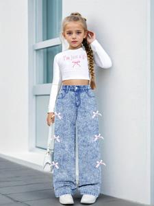 Two-piece Set Girl's Letter Print Top & Denim-effect Print Pants Set, Casual Long Sleeve Top & Trousers for Daily Wear, Kids Clothing for All Seasons, Casual Fashion Set, Summer Clothing Set, Summer Clothes Set, Casual Outfit Set