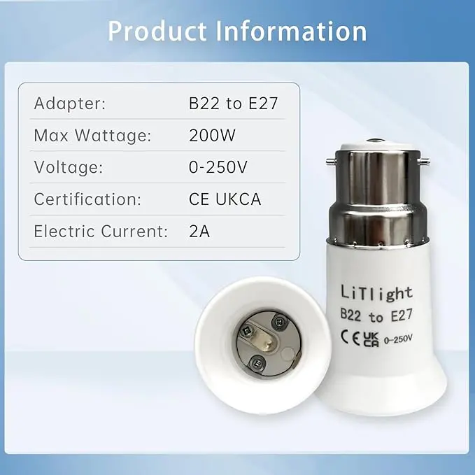 B22 to E27 Socket Converter, Socket Adapter, Bayonet to Screw Edison Bulb Adapter, for Ceiling Fan Light Bulb/LED Bulbs/Incandescent Bulbs/CFL Bulbs, 1 Pcs [Energy Class A] 2
