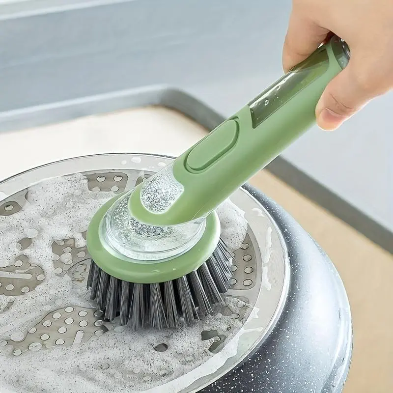 Ergonomic Dishwashing Brush with Built-In Soap Dispenser – Extended Green Handle, Replaceable Head for Easy Cleaning of Pots, Pans & Sinks – Essential Kitchen Tool 4