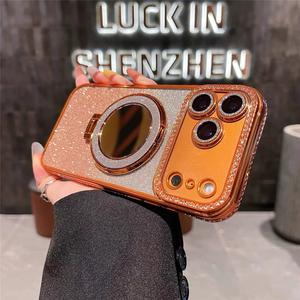 Glitter Rhinestone Phone Case with Ring Mirror Holder, 1 Count Fashion Phone Protective Cover, Phone Accessories for iPhone 17Pro Max  Air  16 15 14 Plus 13 12 11 Pro Max