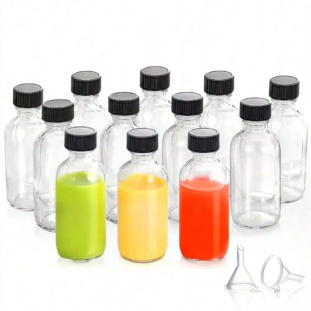 10pcs 2 Oz 60ml Small Clear Glass Bottle With Lids, Empty Refillable Mini Beverage Containers For Juice Ginger Shots Potion Essential Oils Water Bottle For Outdoor For Sport